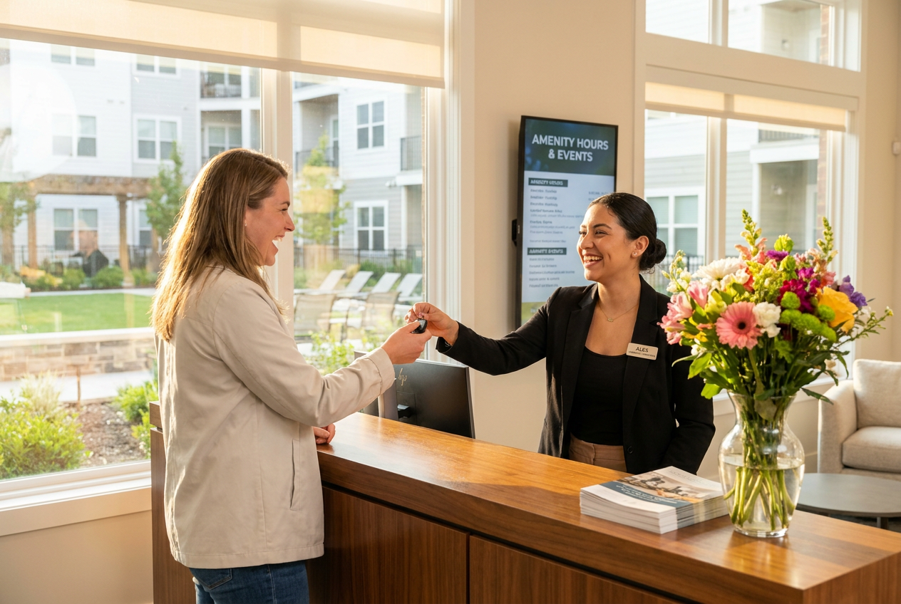 Amenity desk staff welcoming a resident