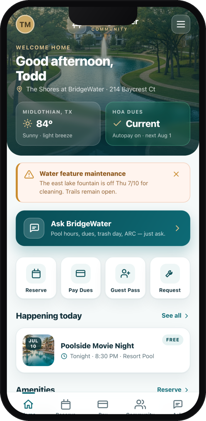 The BridgeWater resident app home screen