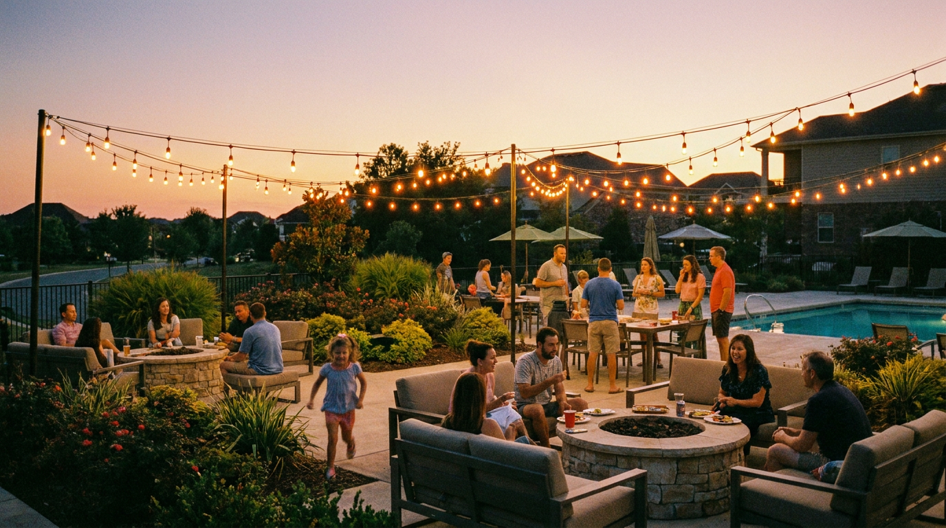 Country community terrace at dusk