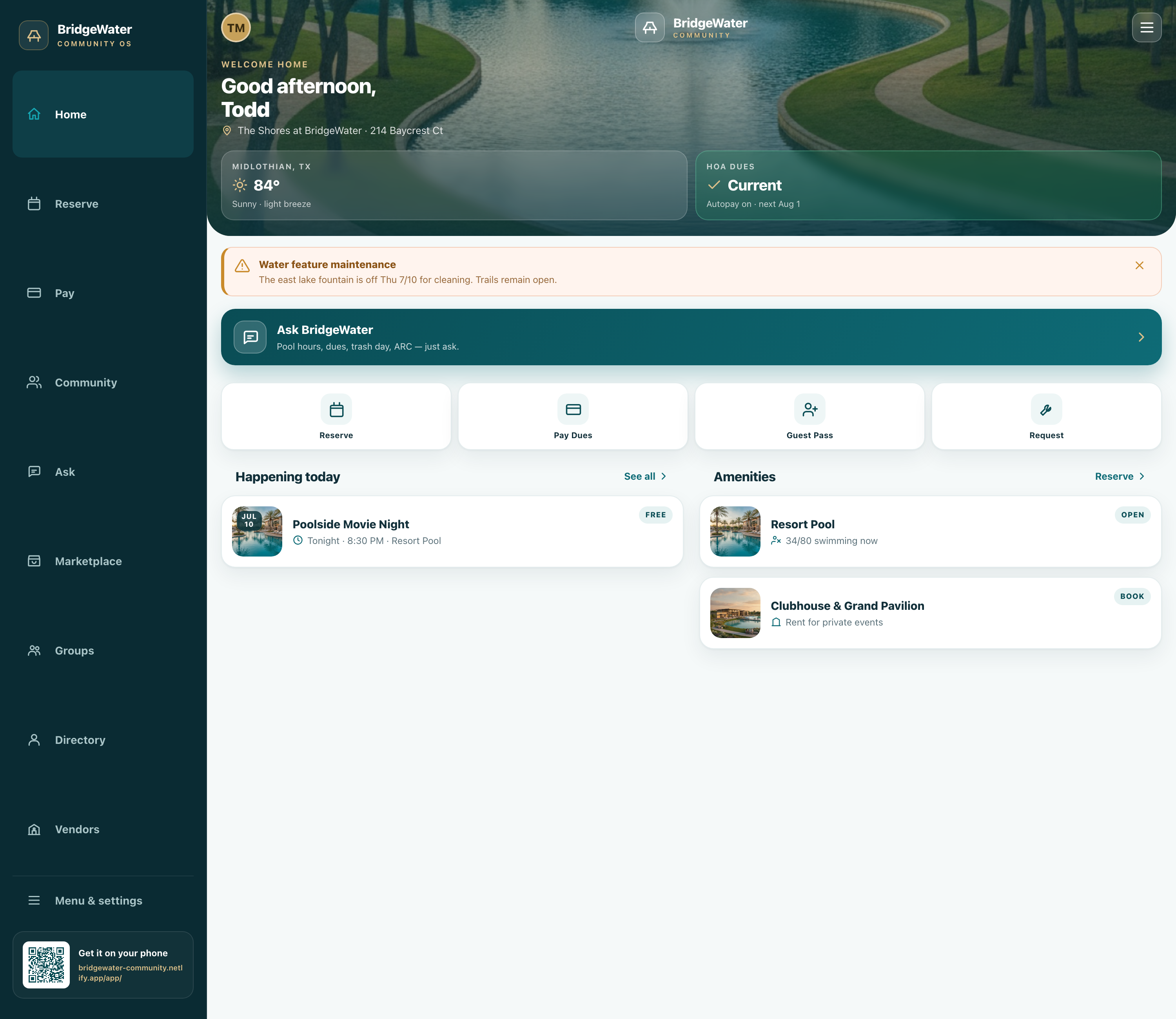 My Community — the resident's private portal home: a personalized welcome, today at the community, the concierge, account balance, dining minimum, and the community feed